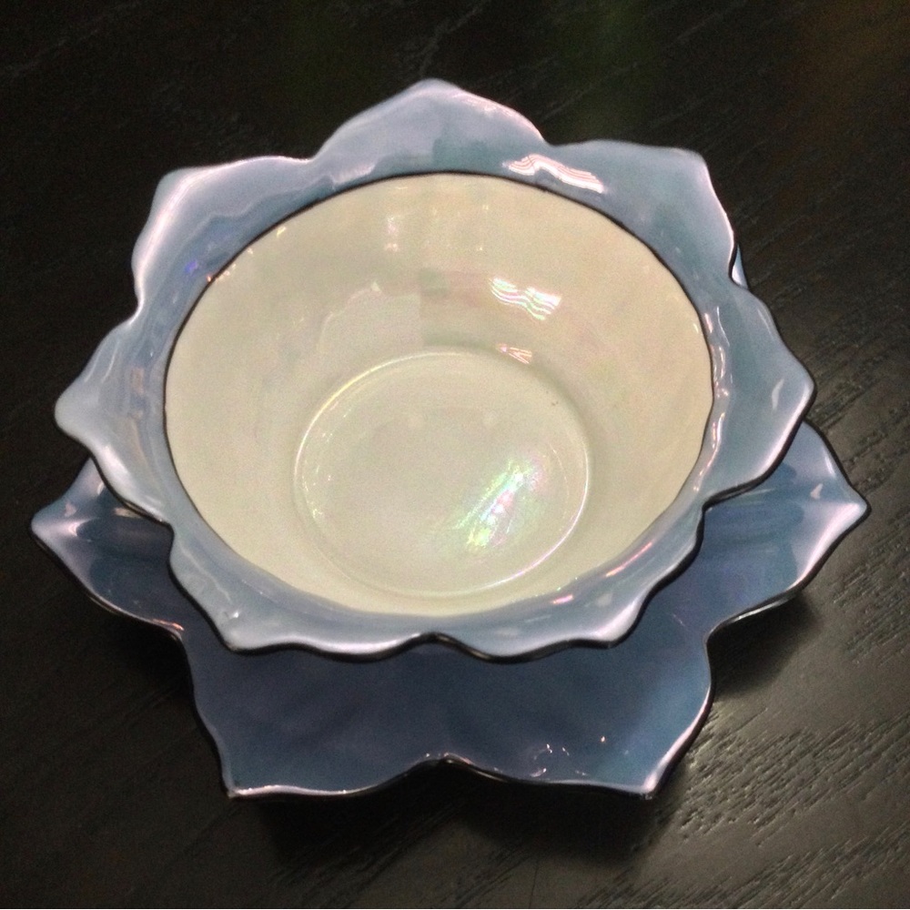 ✅ Vintage Noritake Blue Lusterware Lotus Floral Shape Bowl with Under Plate